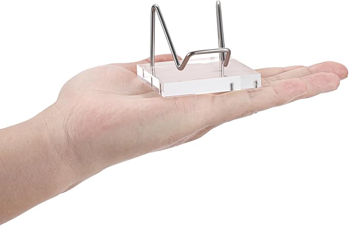 Hipiwe Metal Display Stand with Acrylic Base - Small Easel Stands for Geodes Rock Mineral Agate Fossil Coral Crystals Seashell and Small Collectibles, Silver Business Card Holder Stand