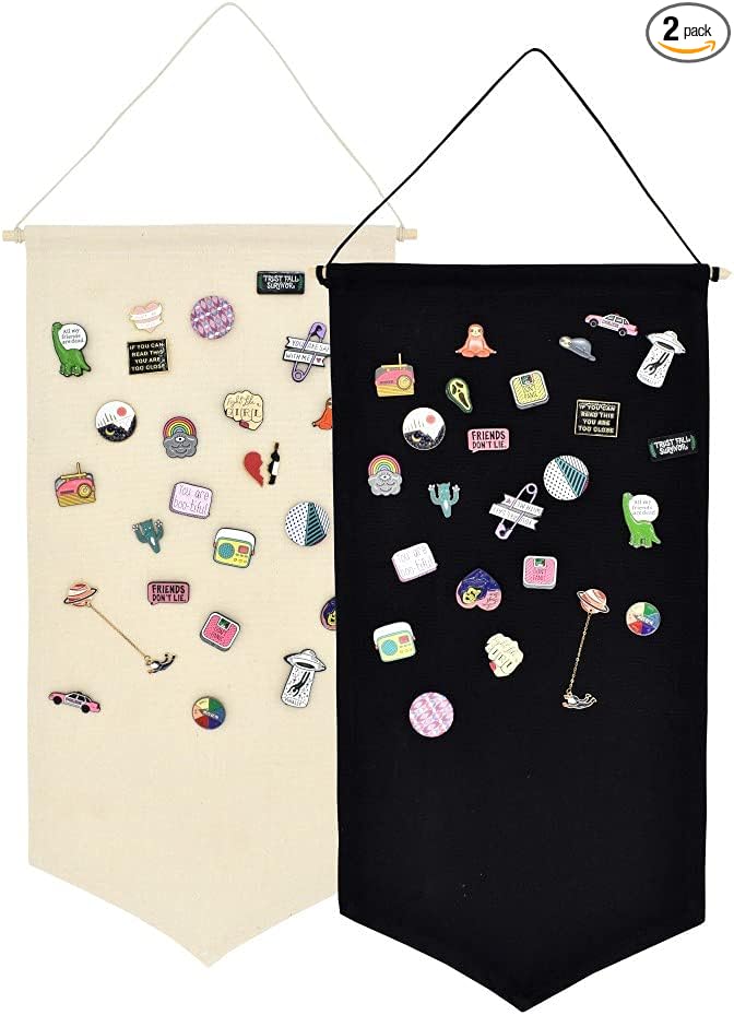 Winmany Wall Hanging Brooch Jewelry Storage Case Canvas Display Stand Enamel Pin Display Banner Holder Earrings Necklace Glitter Pin Collection Organizer (Black+White)