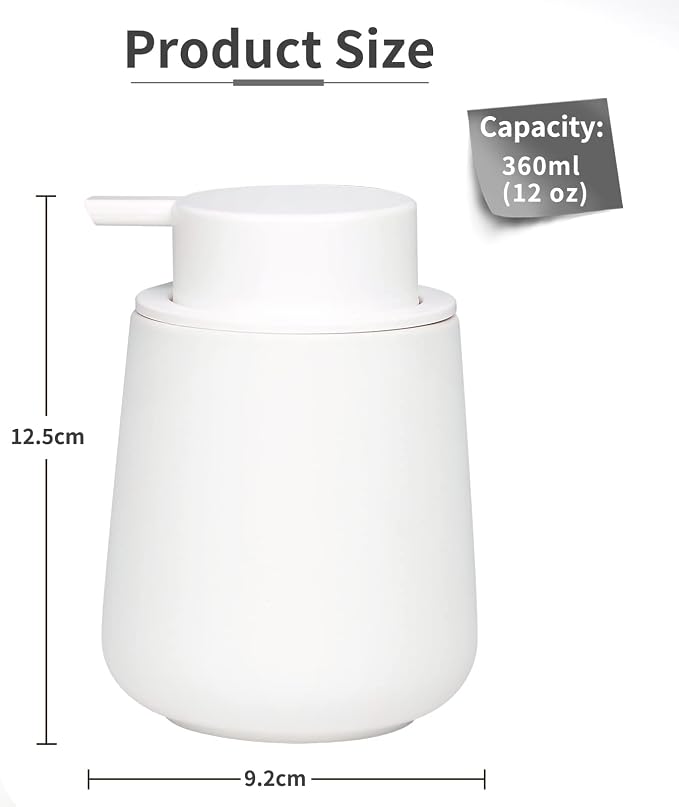 Bosilunlife 12Oz Ceramic Foam Soap Dispenser for Bathroom Kitchen Counter | Premium countertop foam pump creates delicate dense foam, stable desktop placement, Rubber Paint White