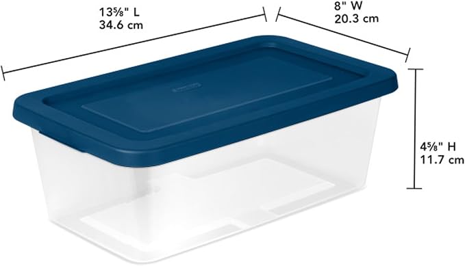 Sterilite Set of 5 Storage Boxes, Clear Plastic Stackable Containers, Lightweight Home Organizers with Snap Lids, 6 Quart, Marine Blue