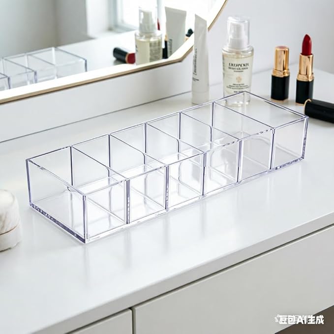 6-Compartment Clear Acrylic Organizer with Detachable Dividers, Eyeshadow Palette & Cosmetic Holder for Vanity Drawer, Cosmetic Station & Makeup Desktop