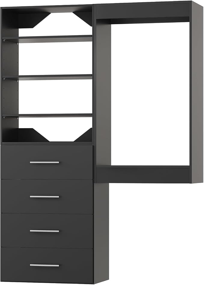 ROOMTEC Modular Closet System, 58" Wall-Mounted Closet Organizer with Drawers and Hanging Rods, Wooden Tower for Walk-In Closets, Wardrobe Storage Kit, Black