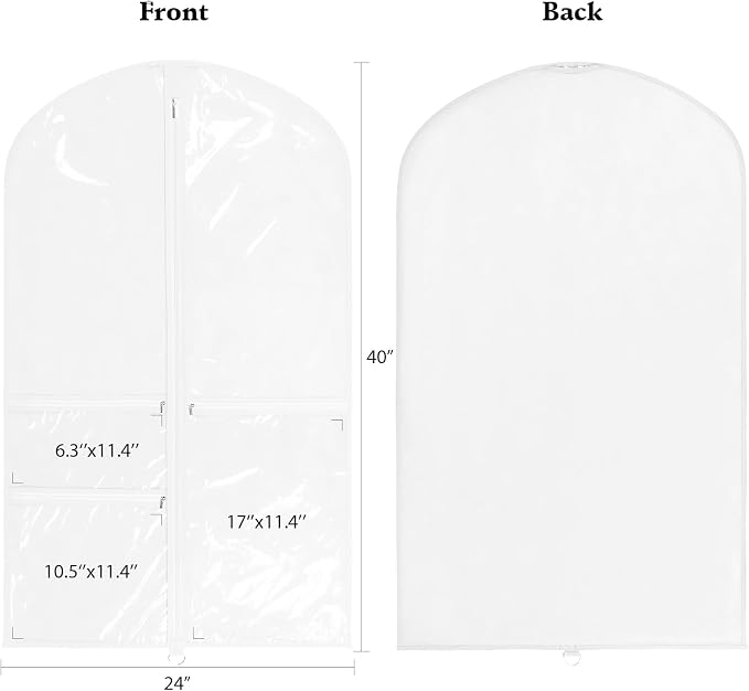 Univivi Dance Costume Garment Bag, 40 Inch Garment Bags for Dance Costumes Kids Dance Costume Bag with 3 Medium Clear Zipper Pockets for Dance Costumes, Hanging Clothes (White)