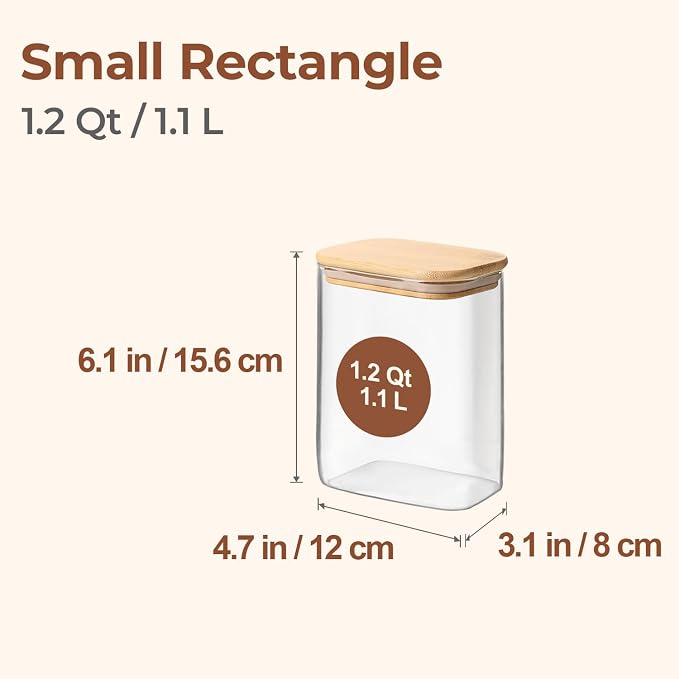ComSaf Glass Storage Containers wtih Lids 1.2 Qt, Set of 4 Food Storage Jar | Rectangle Glass Pantry Storage Containers, Kitchen Storage Container, Cereal Container Storage, Flour , Sugar, 37oz, BPA Free