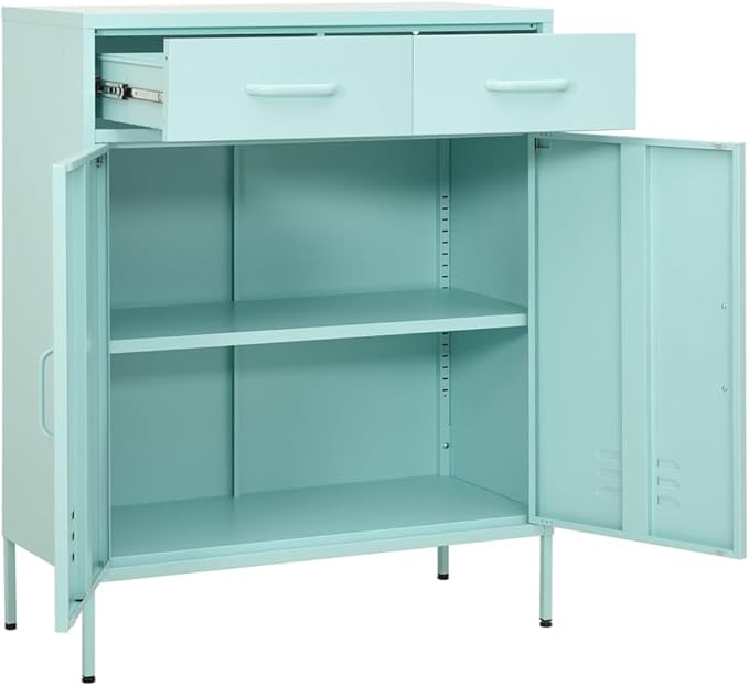 Mint Green Steel Storage Cabinet with Adjustable Shelves, 2 Drawers and Open Shelf for Office Living Room Organization, Durable Metal Structure and Versatile Modern Furniture