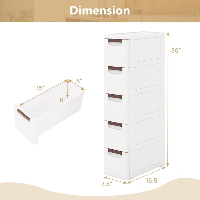 LOKO 5-Drawer Narrow Storage Cabinet, Slim Rolling Cart (7.5"x16.5"x36") | Mobile Plastic Cart Container | Pull Handles & Built-in Wheels | For Living Room, Kitchen, Bathroom, Office