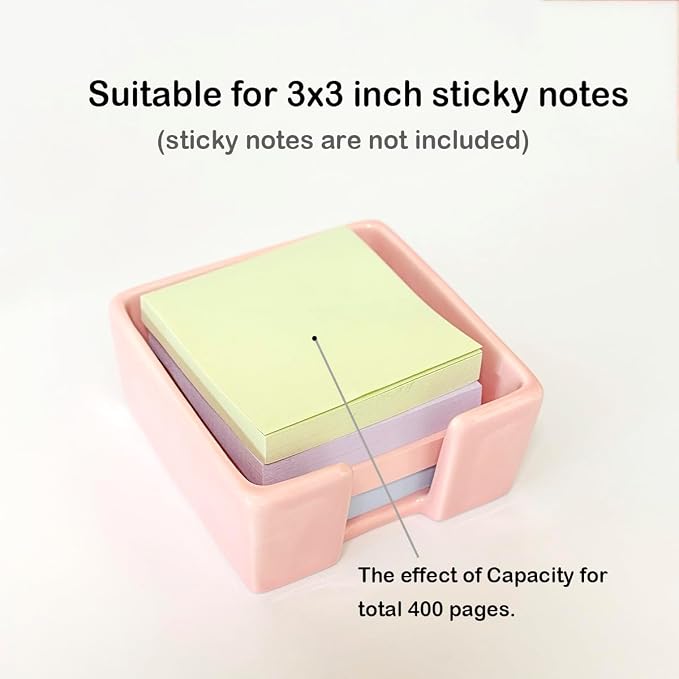 Ceramic Sticky Note Holder, 3 x 3 Sticky Note Dispenser, Pink | Notepad Holder for Desk, Office Essentials Organizer, Desk Organizers and Accessories