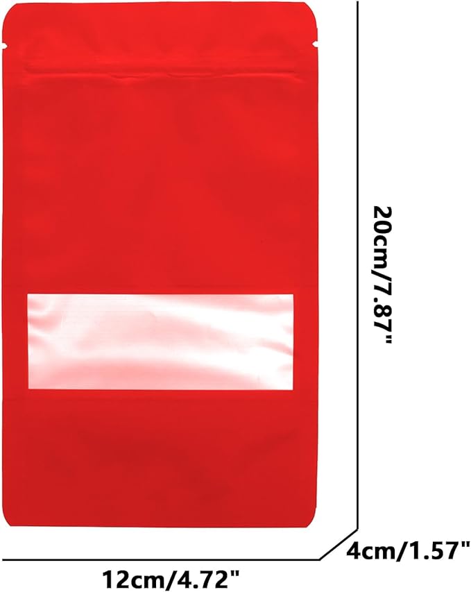 100PCS Foil Pouch Mylar Bags with Clear Window,ULIFESTAR Stand Up Sealable Bags with Tear Notches,Resealable for Food,Party Favors,Gift Packaging and Small Business(12 * 20cm/4.72 * 7.87",Red)