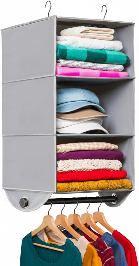 HOLDN’ STORAGE Hanging Closet Organizer with Garment Rod – Heavy Duty 3-Shelf Hanging Shelves for Clothes, Sweaters & Shoes, Reinforced 600D Fabric Storage Unit with Built-in Clothing Rod, Grey