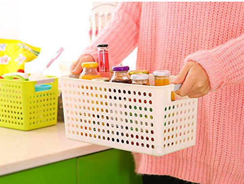 Basicwise Set of 3 White Rectangular Plastic Storage Basket with Easy-Grip Handles Ventilated Organizer Bin for Bathroom Pantry Closet Laundry Kitchen Shelf Countertop & Home Organization Essentials