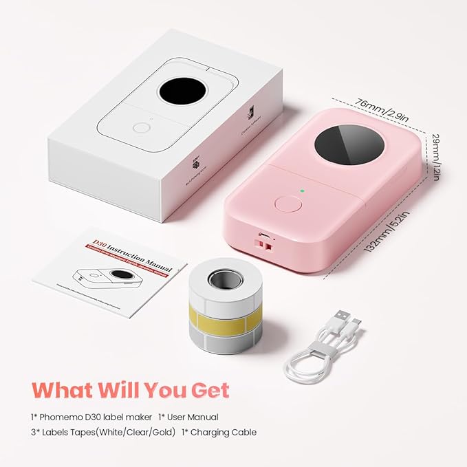 Label Maker Machine with 3 Tapes - White/Clear/Gold Labels, Phomemo D30 Portable Handheld Bluetooth Mini Label Printer, Multiple Templates Fonts Icon, Thermal Small Label Printer Rechargeable for Home