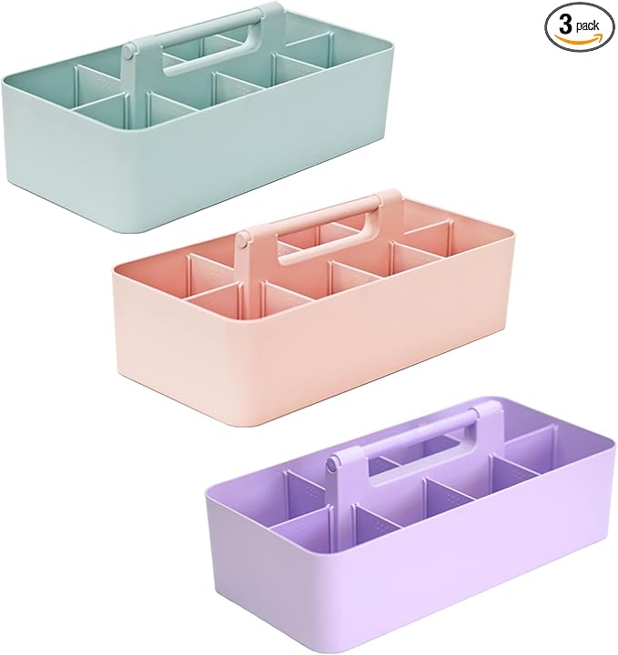 -Large Portable Caddy, DIY Dividers, 8 Compartments, School Office Supplies Home Business Organizer,Portable Basket with Handle Made in USA (3 PACK, Mint/Pink/Lavender)