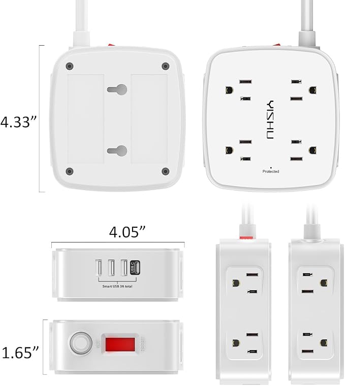 20 Ft Surge Protector Power Strip - 8 Widely Outlets with 4 USB Ports, 3 Side Outlet Extender with 20 Feet Extension Cord, Flat Plug, Wall Mount, Desk USB Charging Station, ETL, White