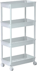 Sooyee 4 Tier Wide Storage Cart Mobile Shelving Unit Organizer Slide Out Storage Rolling Utility Cart Tower Rack for Kitchen Bathroom Laundry, Plastic & Stainless Steel,White