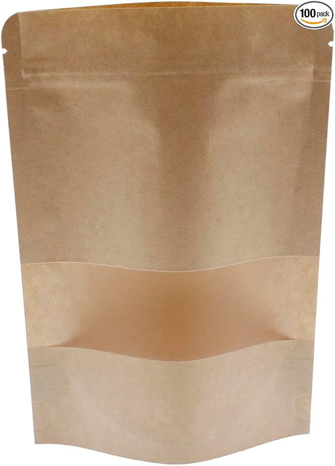 Kraft Paper Zipper Pouches,ULIFESTAR Kraft Stand Up Zip Lock Pouch Bags,100PCS Resealable Bag with Transparent Window and Tear Notch Resealable Bag for Small Business HomeUse,6.7"*9.5"(17 * 24cm+4cm)