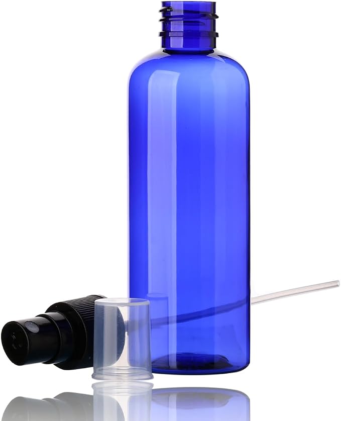 SINIDE Empty Spray Bottles 100 ml/3.4 oz, Blue Plastic Fine Mist Mini Travel Bottle Set, Portable Refillable Makeup Sprayer Containers for Perfume, Liquids, Aromatherapy, Cleaning Solution (4 Pack)