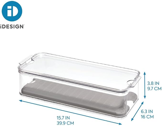 iDesign Crisp Produce Plastic Refrigerator and Modular Stacking Pantry Bin with Lid and Removable Inner Basket, Perfect for Washing Vegetables, Fruit, Lettuce, BPA Free 15.72" x 6.32" x 3.76" | Drain Tray, For Fruits & Veggies, Clear