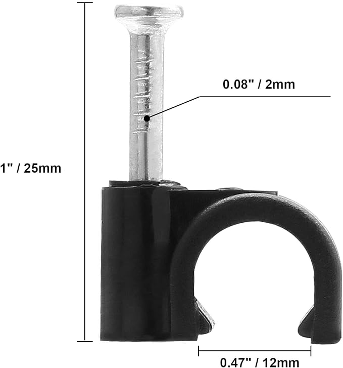 1/2" / 12mm Half Clamp J-Hook Cable Clips with Nail, Black, 100pcs | Nail in Cable Clips, Ethernet Cable Nails Tacks Clips