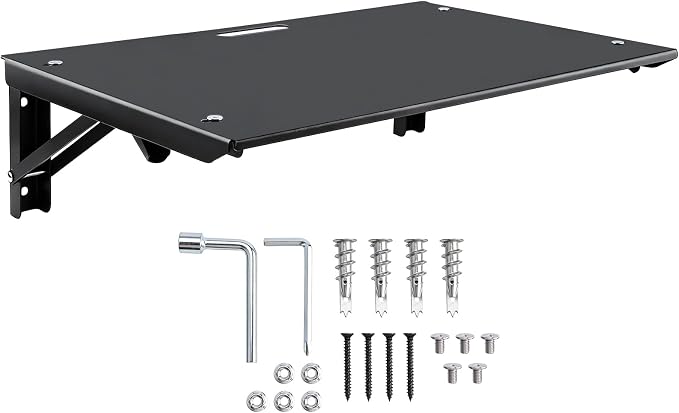 Folding Metal Floating Shelf, 16.9" x 11" Wall Mount Storage Rack with Lip, Heavy Duty Steel Fold Down Shelf for Garage, Kitchen, Bedroom, Office (Black)