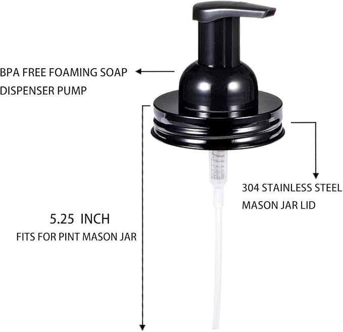 Amolliar Mason Jar Foaming Soap Dispenser Pump Lid, Refillable Plastic Pump, Rustproof Stainless Steel Lid for Regular Mouth Jar, Cute Farmhouse Decor, Hand Soap for Bathroom, Kitchen, Black 4 Pack