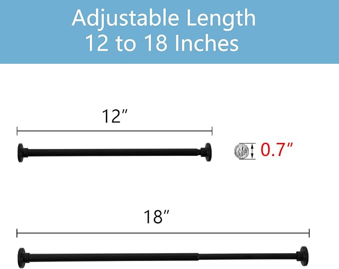 TYRON Mini Thin Skinny Smallest Closet Rods for Hanging Clothes, 1/2" Diameter,12 to 18 In. Adjustable Slim Closet Rod, Metal Closet Bar Hanging Rod for Baby Kids Closet, Small Space (Black,2 Pcs)