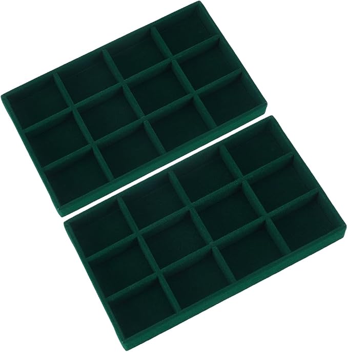 2Pcs Velvet Jewelry Display Trays Stackable Jewelry Organizer Tray Green Bulk 12 Girds Stylish Organizer Trays for Ring Earring Holder Necklace Bracelet Storage Display Dish Women Adults