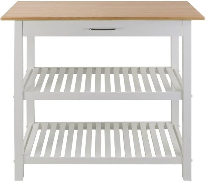Furnifact Solid Wood Kitchen Island with Drawer, 2 Open Shelves, White Base and Natural Top, Island Table for Kitchen Storage and Food Prep