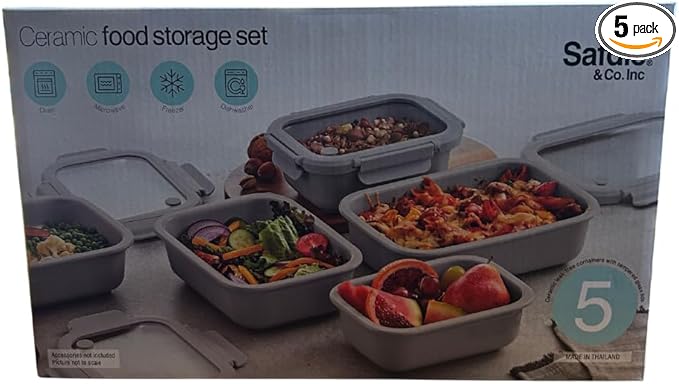 Safdie Ceramic Food Storage Set, 5 Containers with Glass Lids, Leak-Free Kitchen Containers (GRAY)