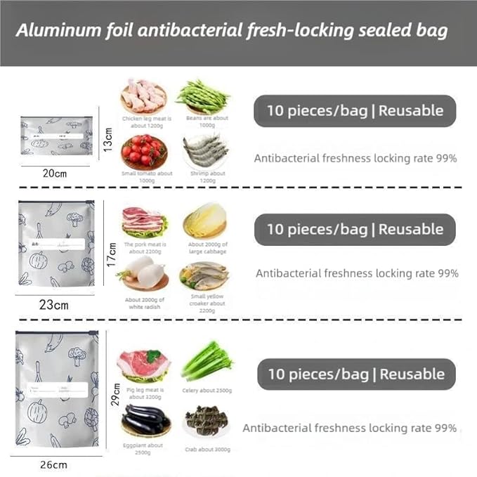 Reusable Aluminum Foil Bags, Freezer Safe & Leak Proof Stand Up Storage Bags with Zipper for Meat Seafood Vegetables, Heavy Duty BPA Free Food Storage Containers (30pcs-Medium-)