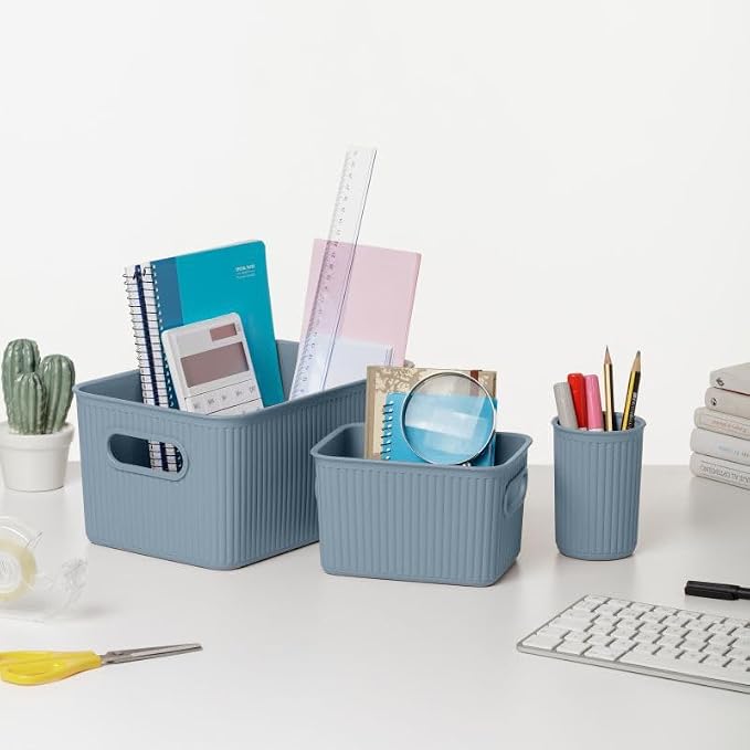Decorative Plastic Basket Lidded Home Storage Bins Organizer Baskets, Medium Blue (1 Pack - 5 Liter) Stackable Container Box, for Organizing Closet Storage Bins for Shelves - Ribbed Collection
