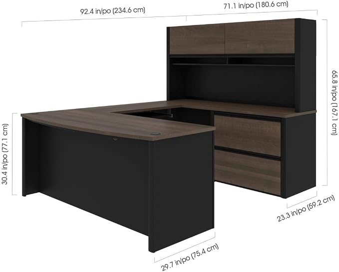 Bestar Connexion 72W U-Shaped Executive Desk with Lateral File Cabinet and Hutch in Antigua & Black | With Lateral File Cabinet and Hutch; with Narrow Desk Shell, Desk Shell, Desk Bridge, Keyboard Tray, CPU Stand; 2 file drawer