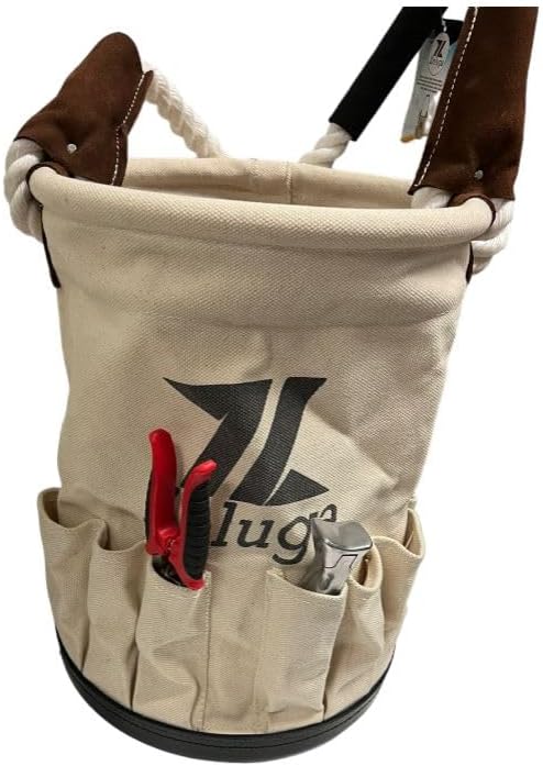 Zeluga 20-385 28 oz. Utility Canvas Bucket with Heavy Duty Plastic Bottom, Collapsible Canvas Bucket, 12 Outside Pockets Organizers Bolt Bucket, White