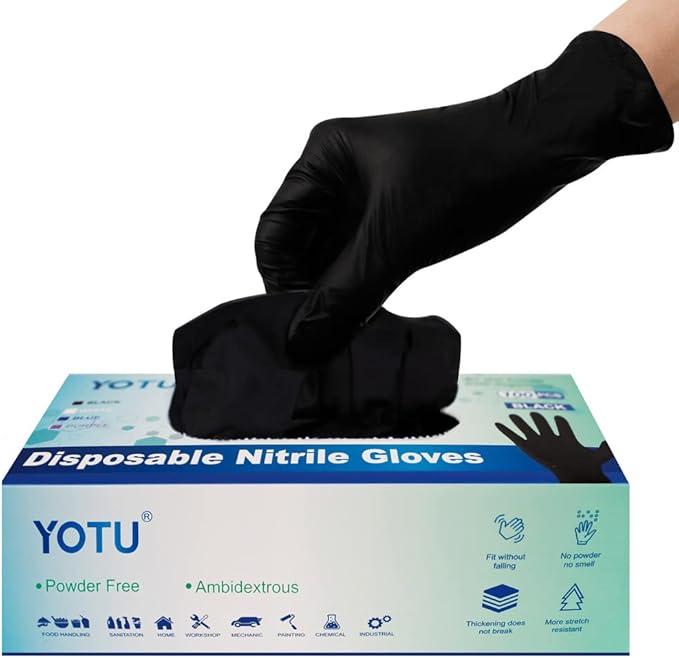 YOTU Black Disposable Nitrile Latex & Powder Free 6-Mil Gloves 100 Count, Textured, Mechanic Wearing, Cleaning, Food Black Medium