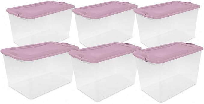 66 Quart Clear Plastic Storage Container with Latch Lid, Purple, 6 Pack | Clear Base & Lid, Secure Purple Latches, Recessed Stacking, 66Qt Capacity, BPA-Free Plastic