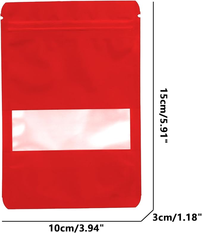 100PCS Foil Pouch Mylar Bags with Clear Window,ULIFESTAR Stand Up Sealable Bags with Tear Notches,Resealable for Food,Party Favors,Gift Packaging and Small Business(10 * 15cm/3.94 * 5.91",Red)
