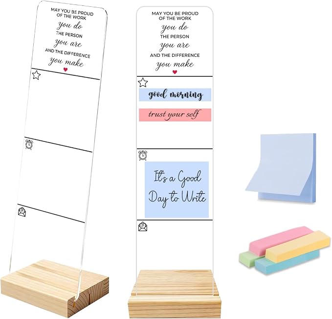 Sticky Note Holder, Monitor Memo Board, Sticky Note Board for Desk, Acrylic Desk Buddy with Wooden Base, Includes 200 Notes, Inspirational “May You Be Proud”