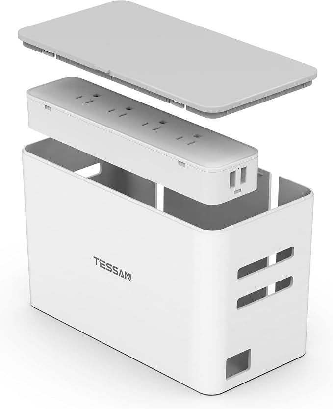 TESSAN Power Strip with Cable Management Box, 5 ft Flat Plug Extension Cord | 4 Outlets 2 USB Ports with Overload Switch, Mountable White Power Cord Organizer Charging Station for Dorm, Office, Home