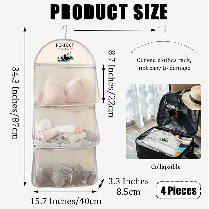 MIUPOO Multi Purpose Multi Layer Mesh Storage Hanging Bag,Hanging Storage with Metal Hanger Mesh Pockets for Bra Underwear Socks,Pockets Hang Store Bag for Door Wall Closet,4Pieces.