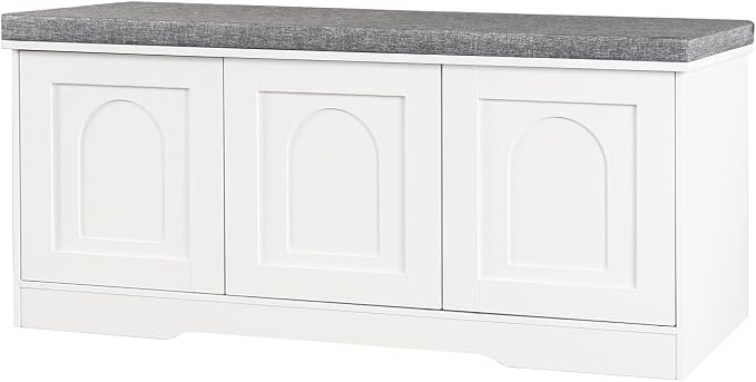 DINZI LVJ Shoe Bench, Entryway Storage Bench with Doors, Cushion, 2-Tier Shoe Rack with 6-Cubby, 39.4”L x 13.8”W Shoe Organizer Cabinet, Adjustable Shelf, Living Room, Bedroom, White