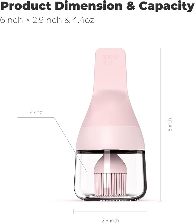 Zuutii Oil Dispenser with Silicone Brush for Cooking,Glass Oil Bottle with Heat Resistant Basting Brushes for Baking, Food Brush for Grilling, Butter, BBQ Sauce，Dishwasher Safe,4.4oz,Pink