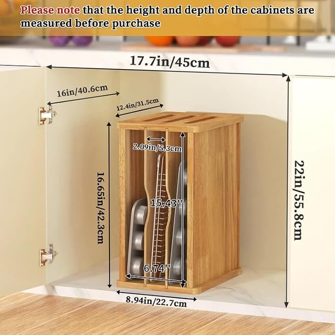 4 Tier Rubber Wood Tray Dividers for Cabinets, Heavy Weight Kitchen Vertical Tray Divider Organizer, Storing pans, Baking trays, Cutting Board(16.7" W x 8.9" H x 12.4" D)