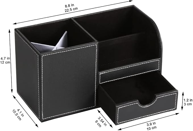 KINGFOM Desk Organizer Office Supplies Caddy Pu Leather Multi-function Storage Box Pen/Pencil,Cell phone, Business Name Cards Remote Control Holder with Small Drawer Black