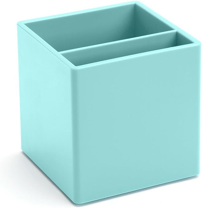 Poppin Pen Holder with 2 Compartments - Sturdy Plastic Pen Cup, Lacquer-like Finish, Writing Instrument Organizer, Coordinating Office Desk Accessories (Aqua)