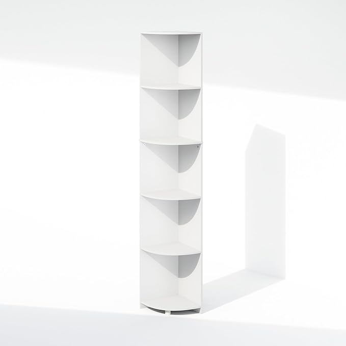Furinno Basic Book Shelf, 5-Tier Bookshelf, Bookcase with Multipurpose Corner Shelf, 12 x 12 x 70.8, for Living Room, Bedroom, Home Office, White