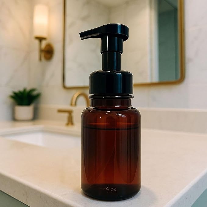 14 oz Plastic Foaming Soap Bottle Dispensers (2 Amber/Black) | wide opening, easy refills, for foam soap, refillable, reusable, set of 2, thick plastic