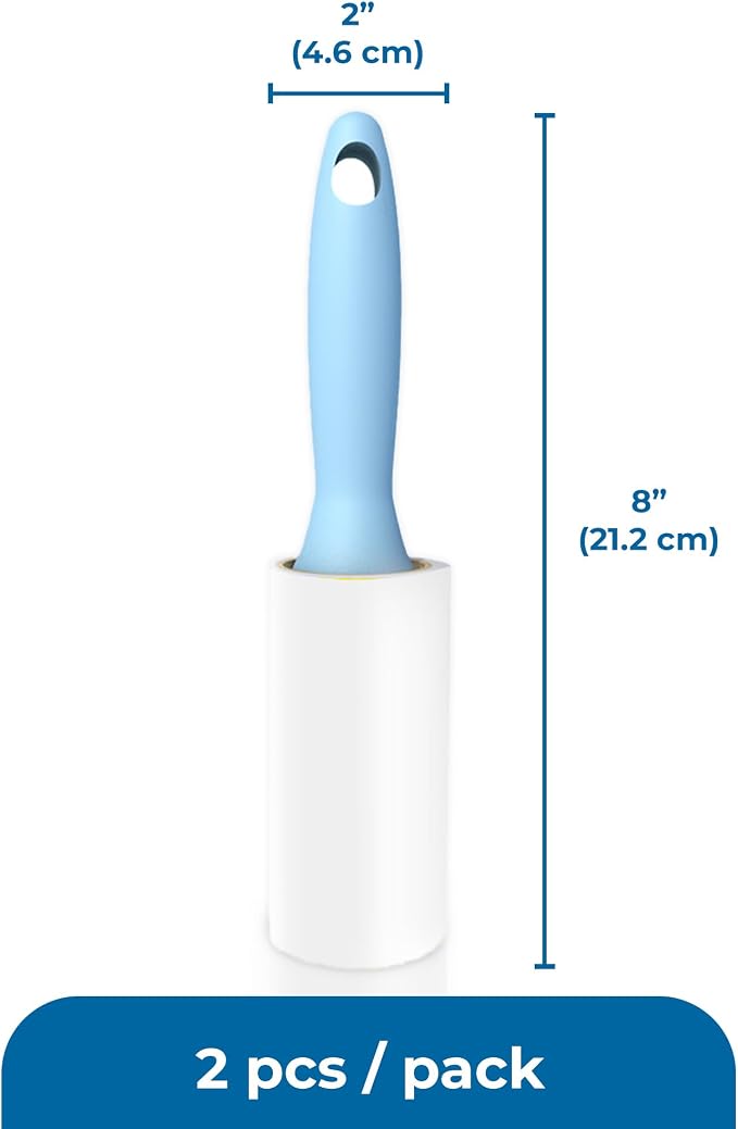 SunGrow Pet Lint Rollers for Dogs and Cats, Extra Sticky Adhesive, 2 Portable Fur/Hair Animal Hair Lifter for Clothes, Furniture, Carpet, Easy to Tear Dust Cleaner Brush, Blue Handle, 8” x 2”