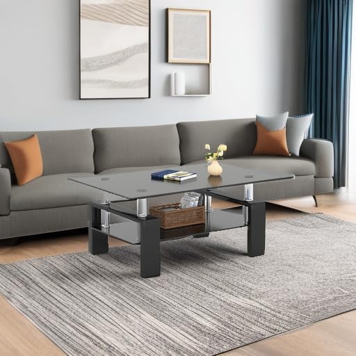 Meihua Rectangle Glass Coffee Table 2-Tier Tea Table Modern Side Coffee Table for Living Room (All Black)