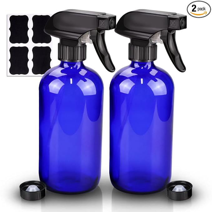 Wedama Glass Spray Bottle, 2 Pack Blue 16 oz Glass Spray Bottles for Cleaning Solutions and Essential Oils, Refillable Empty Spray Bottle with Adjustable Nozzles for Alcohol, Plant and Hair Care