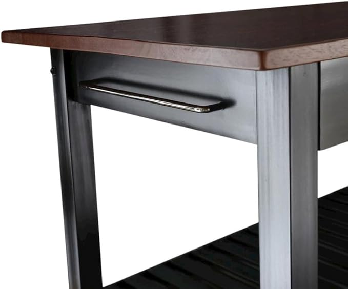 Furnifact Solid Wood Kitchen Island with Drawer, 2 Open Shelves, Black Base and Walnut Top, Island Table for Kitchen Storage and Food Prep