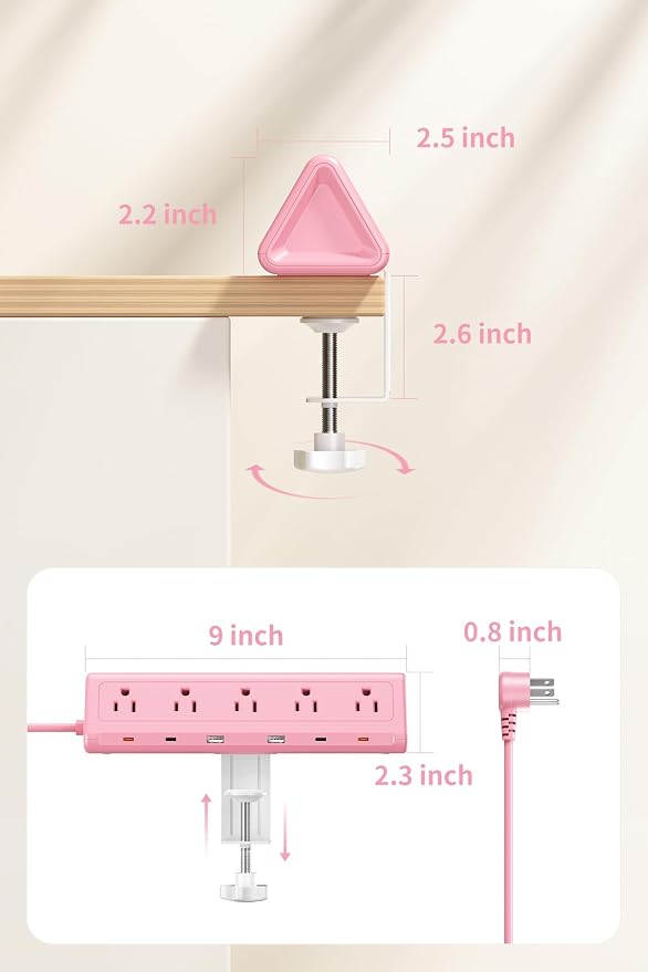 6.5 FT Desk Clamp Power Strip with 5 AC Outlets & 6 USB Ports PD 40W USB-C Fast Charging, Extension Cord with Multiple Outlets, Fits 2.1 in top Edge Pink